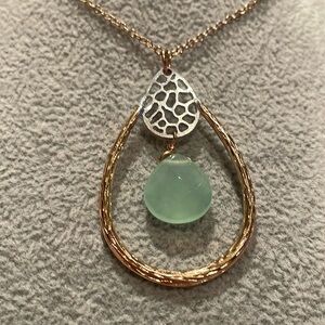 Capsule Pendant Necklace Rose Gold & Green Dangle Bead Oval Tear Drop